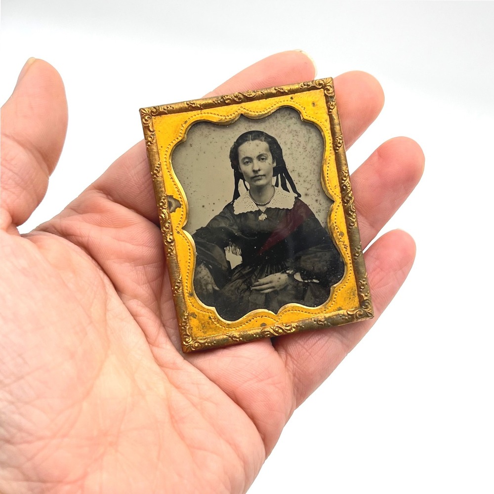 Antique Tintype Photo Victorian Woman Ringlet Curls Brass‎ Frame 19th Century